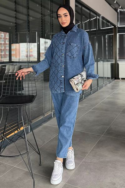 julude Set de două piese pentru femei albastre, cu un singur buzunar, cu detaliu de piatră, blugi, pantaloni, pantaloni