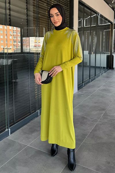julude Πλεκτό φόρεμα Hijab με κεντημένη πέτρα λαδιού
