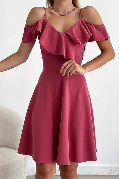 Deafox Φόρεμα Dusty Rose Crepe με λουράκι ώμου με βολάν