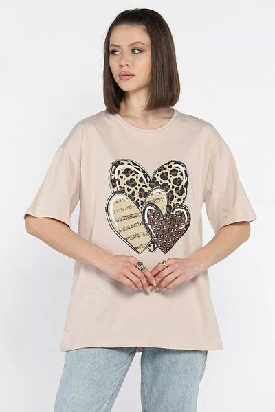 GÜLSELİ Tricou de damă cu decolteu rotund cu imprimeu inimă cu model leopard Koyutaş