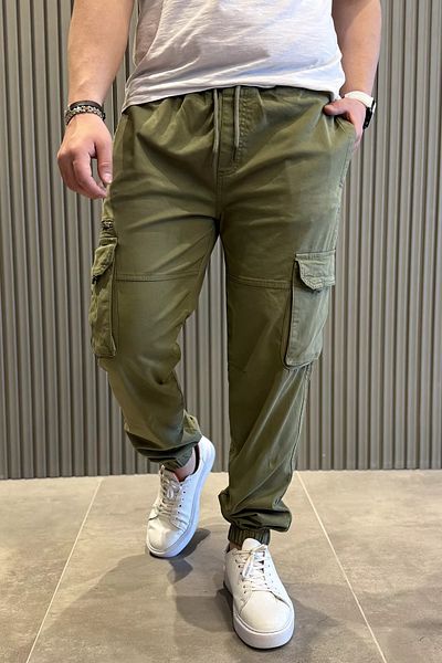 MİSHAR İTALİA Ανδρικό παντελόνι Khaki με ελαστική μέση και πόδι Cargo Pocket