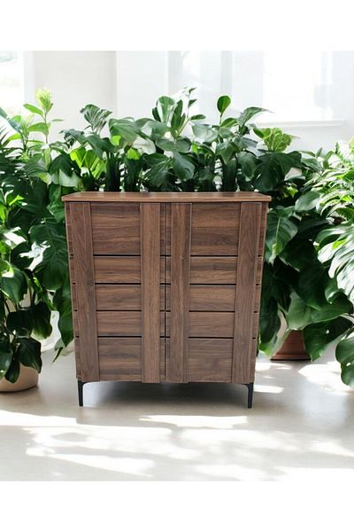 TrentonGCC Rich Coffee Wood Accent Cabinet - Modern Double Door Storage with Slatted Detail