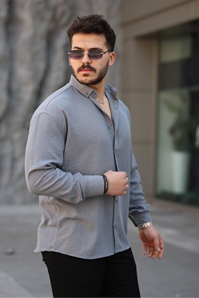 Valiberta Pera Kumaş Keten Görünümlü Yarım Oversize Uzun kollu Erkek Gömlek - Füme