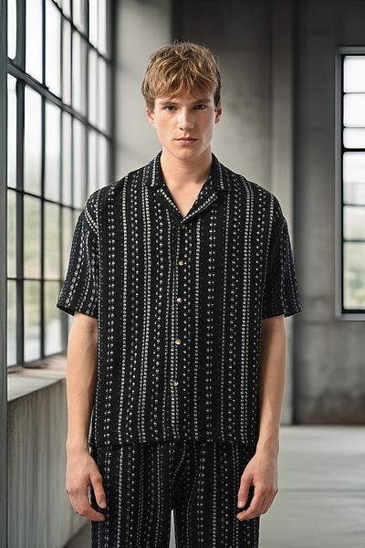 Valiberta Bohemian Striped Knitted Fabric Men's Shirt - Black