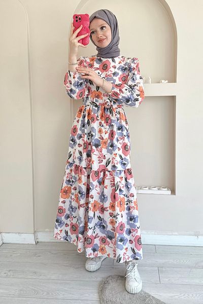 ButikMoor Mo340 Wide Floral Pattern Lilac Dress
