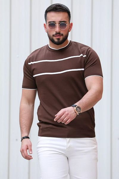 MİSHAR İTALİA Ανδρικό μπλουζάκι Coffee Stripe Detailed Crew Neck