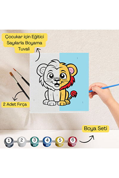hediye hobim Çocuklar İçin Eğitici Sayılarla Boyama Seti Aslan–20x20 Tuval,Bo...