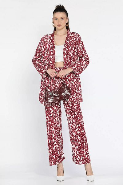 GÜLSELİ Burgundy Women's Patterned Kimono Pants Double Set