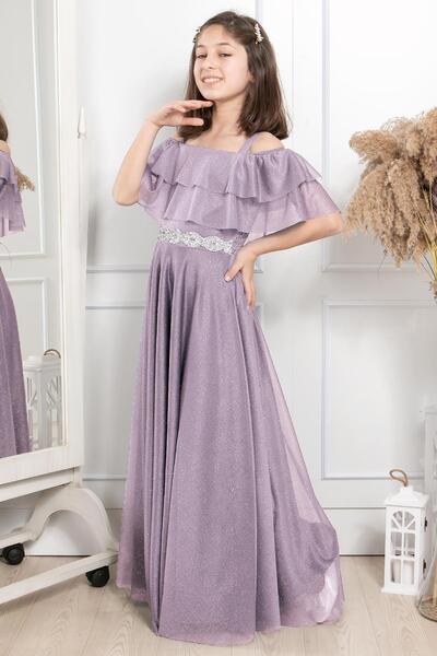 SUBU TASARIM Rochie de seara din tul cu sclipici detaliata cu volane Liliac M...