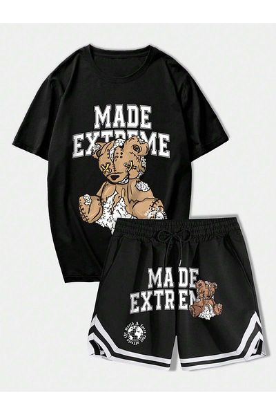 LUNAVISTA Bear, Letter and Basketball Printed Men's T-Shirt and Striped Lace-Up Shorts, Suitable for School