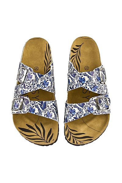 NOOSY Papuci de damă cu design cu flori albastre imprimate