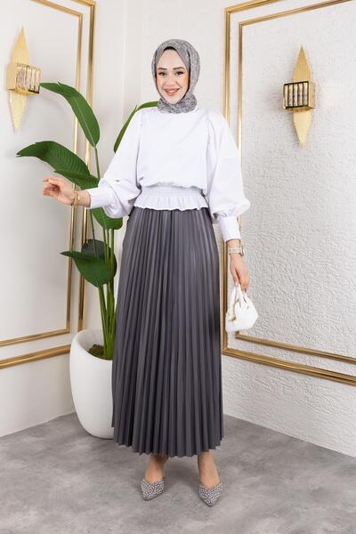 Moda Ebva Pliseli Tesettür Etek-2034 Gri