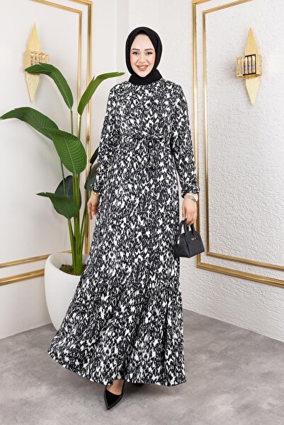 Moda Ebva Kolu Lastikli Bürümcük Elbise-2045 Siyah Beyaz