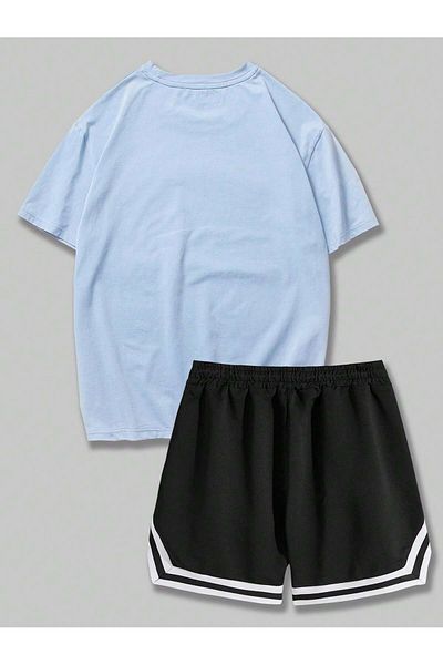 LUNAVISTA Bear, Letter and Basketball Printed Men's T-Shirt and Striped Lace-Up Shorts, Suitable for School