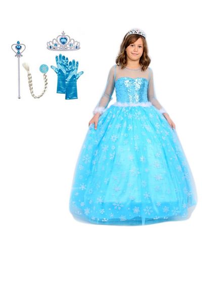 BUTİKHAPPYKİDS Costum prințesă Elsa pentru fetiță Costum Elsa cu mânecă lungă 1-12 ani cu cadou coroană-asa-mănuși de păr