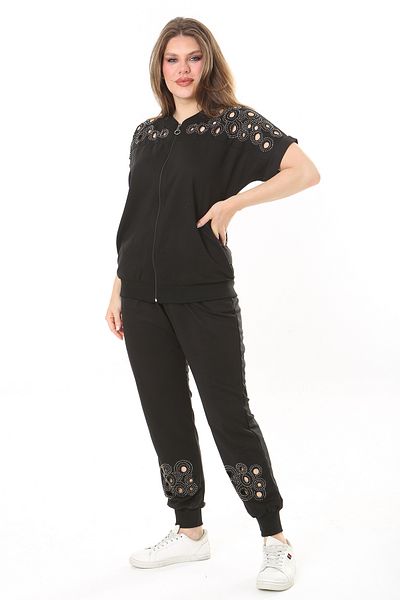 Şans Women's Plus Size Black, Chest and Leg Detailed Two-Piece Suit 65N38934