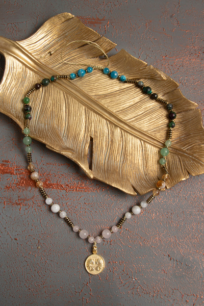 ÇAKRA DOĞAL TAŞ Sertifikalı Doğal Pembe Kuvars, Ay Taşı, Krizokol ve Anyolit Taşı İkizler Burcu Kolyesi