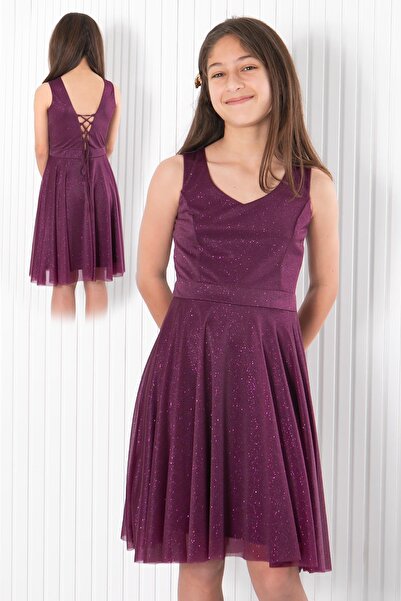 SUBU TASARIM Βραδινό φόρεμα από τούλι δαμάσκηνο - Πίσω λεπτομέρεια, MDV942