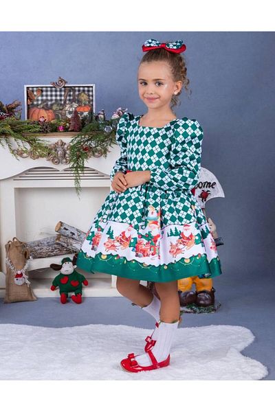 BUTİKHAPPYKİDS Cataramă pentru rochie pufoasă verde cu tematică de Anul Nou pentru fete 1-8 ani