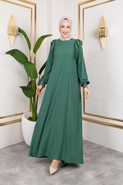 Moda Ebva Fırfır Detaylı Tesettür Elbise-5025 Yeşil