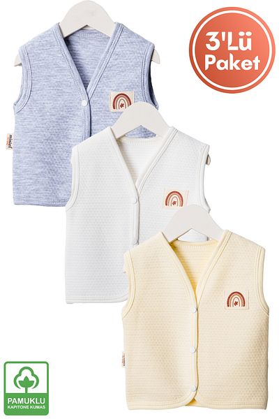Miniel 3-6-9 Months Unisex Baby Quilted Vest Set - Organic Cotton, Crest Detail
