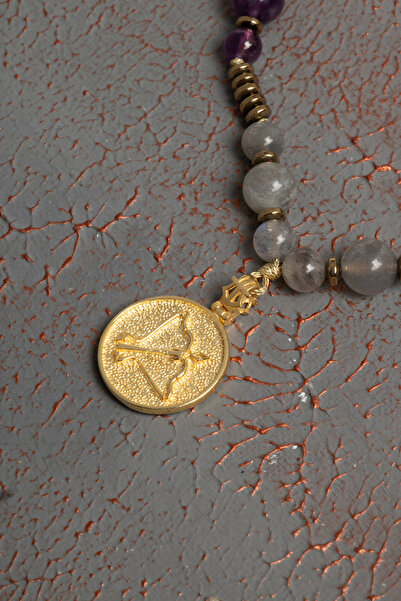 ÇAKRA DOĞAL TAŞ Sertifikalı Doğal Labradorit, Ametist,  Aventurin ve Sedef Taşı Yay Burcu Kolyesi