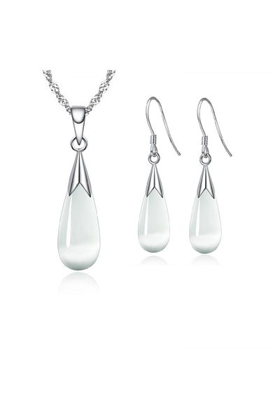 Choice White Pure Jewelry Set Simple 925 Sterling Silver Color White Pink Water Drop Opal Cat Eye Stone Pen