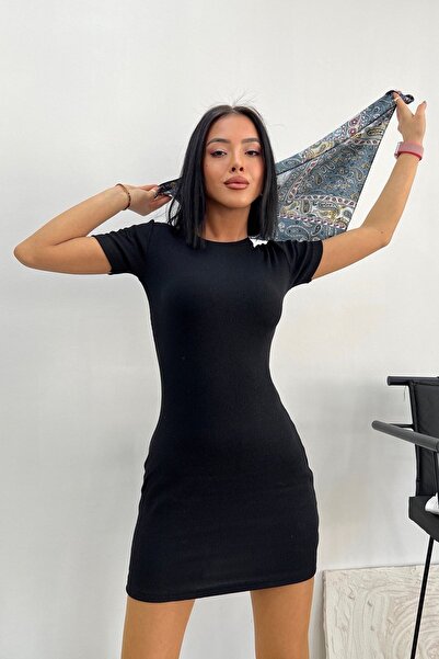 Genel Markalar Kadın Vücudu Saran Fitilli Bisiklet Yaka Kısa Kollu Elbise