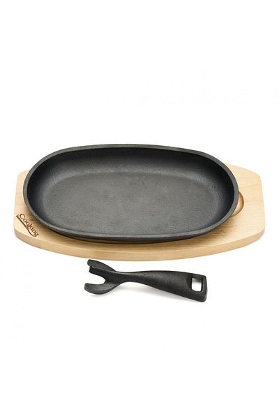 Cooking by Heinner CAST IRON OVAL STEAK DISH 24X14CM WITH WOODEN BASE AND DETACHABLE HANDLE