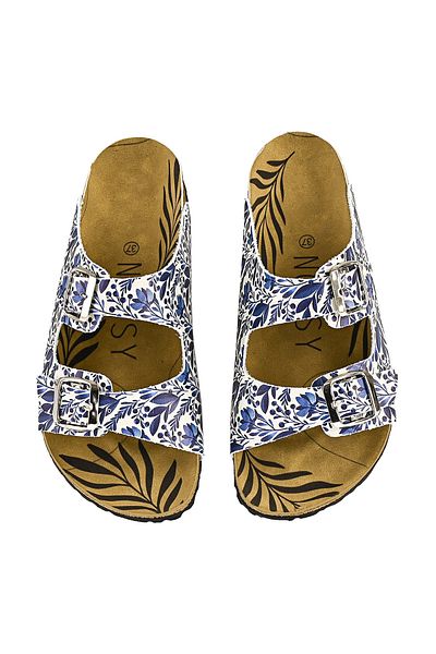 NOOSY Papuci de damă cu design cu flori albastre imprimate