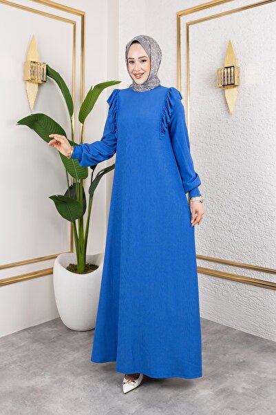 Moda Ebva Fırfır Detaylı Tesettür Elbise-5025 Saks mavisi