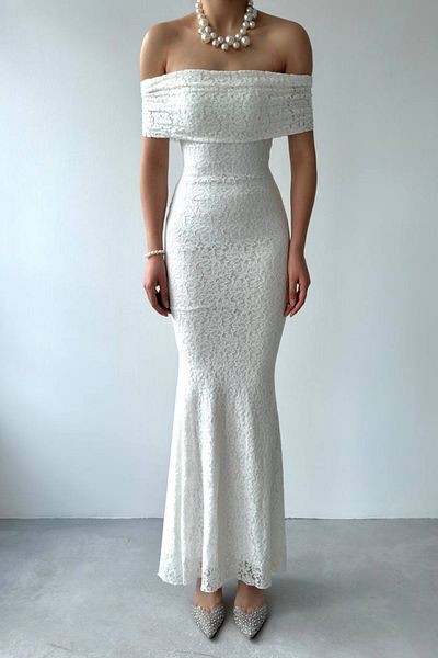 bayansepeti Lined Lace Dress - White Engagement Dress 367