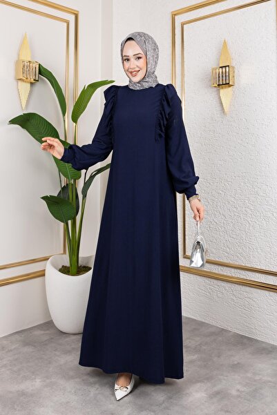 Moda Ebva Fırfır Detaylı Tesettür Elbise-5025 Lacivert