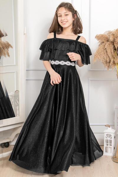 SUBU TASARIM Rochie de seara din tul sclipitor cu voloane negru Mdv314