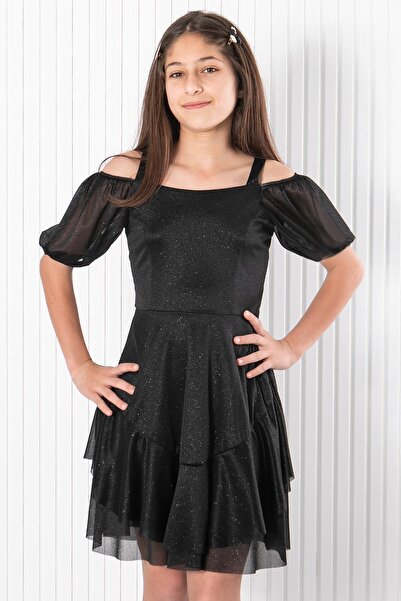 SUBU TASARIM Balloon Sleeve Glitter Tulle Evening Dress Black MDV940