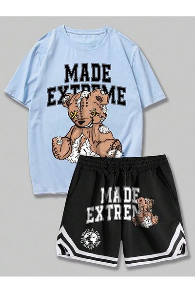 LUNAVISTA Bear, Letter and Basketball Printed Men's T-Shirt and Striped Lace-Up Shorts, Suitable for School
