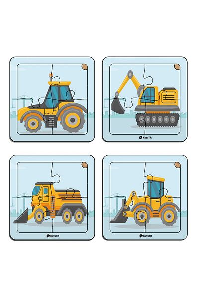 kutuTR Educational and Instructional Wooden 8-Piece 4-Piece Construction Machinery Mini Puzzle Set for Children 8-Piece