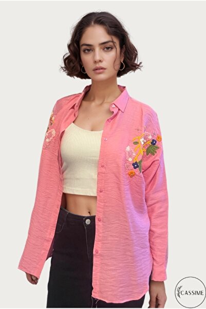 Cassime Kadın Oversize Şeker Pembe Çiçek Boncuk Işlemeli ve Nakışlı Düğmeli K...