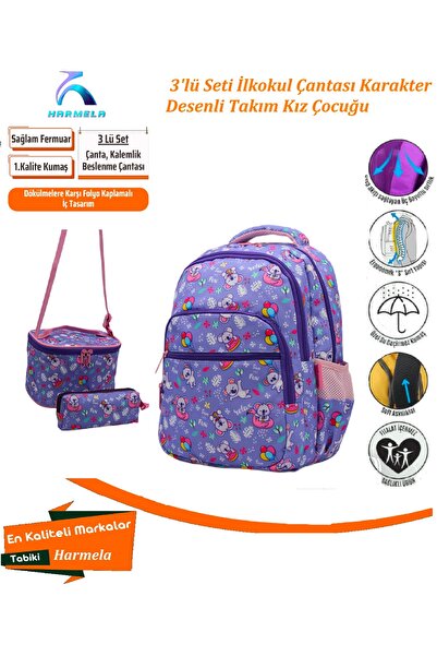 Harmela İlk Okul Çanta 3'lü Seti Kız Çocuk ilkokul Çantası Karakter Desenli Mor
