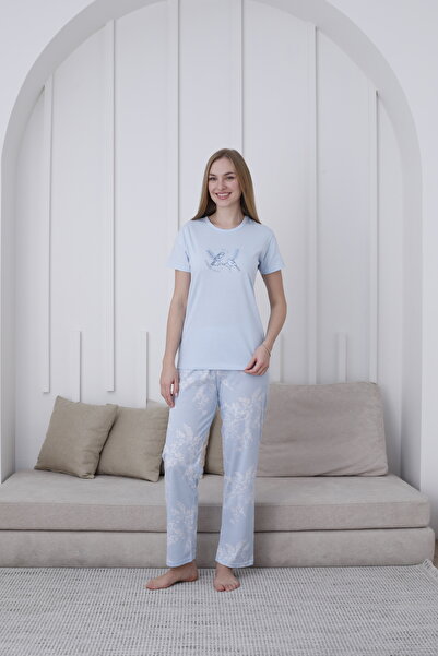 Alcteks Yumuşacık Dokunuş: %100 Pamuk Kadın Pijama – Desenli, Bebek Mavisi, Yazlık Model
