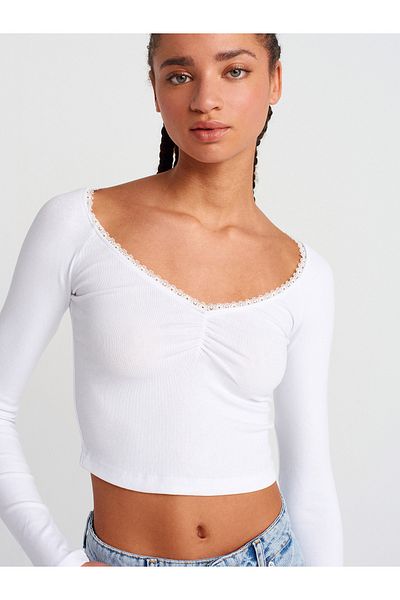 Dilvin 31722 Lace Trim Long Sleeve T-Shirt-White