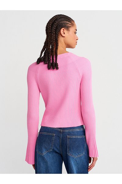 Dilvin 60246 Crew Neck Buttoned Spanish Sleeve Knitwear Cardigan-Dark Pink