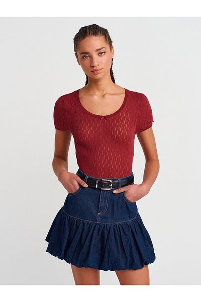 Dilvin 10730 Open Crew Neck Openwork Bow Detailed Thin Knitwear Blouse-Burgundy