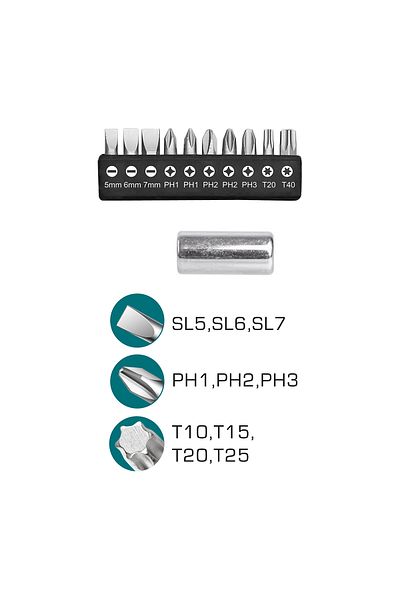 TOTAL TOTAL 12 Pcs Screwdriver Set with Flexible Shaft Handle, Bits Adapter and 10 Screwdriver Bits