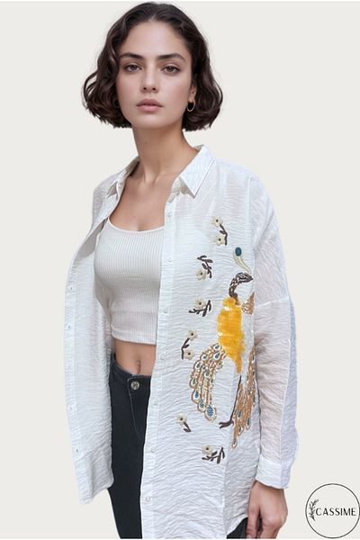 Cassime Women's Oversize Ecru Peacock Flower Embroidered and Embroidered Buttoned Ayrobin Shirt