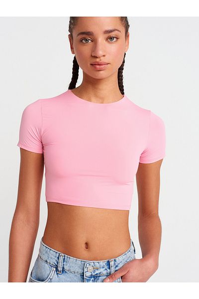Dilvin 31175 Crew Neck Crop Top-Pink