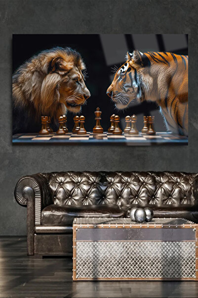 TAULART ASLAN VE KAPLAN SATRANÇ KIRILMAZ LÜKS CAM TABLO ULTRA YÜKSEK ÇÖZÜNÜRL...