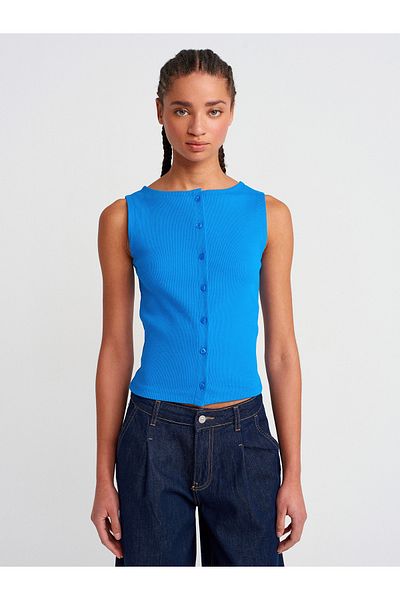 Dilvin 20975 Boat Neck Buttoned Sleeveless Ball-Sax