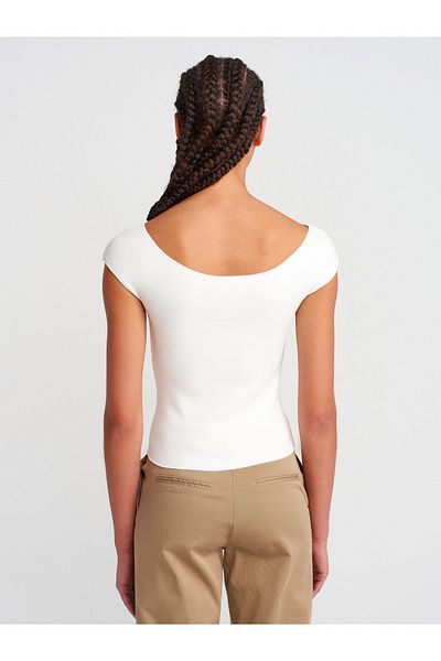 Dilvin 31718 Off-Shoulder Pleat Detail Top-Ecru