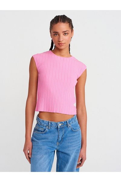 Dilvin 10738 Crew Neck Ribbed Thin Knitwear Blouse-Dark Pink